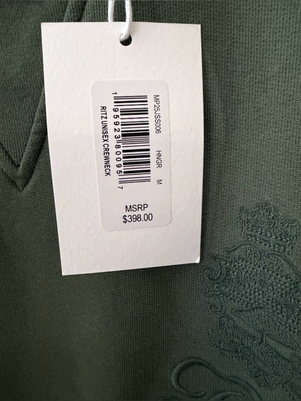 FRAME x Ritz Paris Unisex Crewneck Sweatshirt Hunter Green Medium MP25JSS006 NWT - Picture 3 of 3